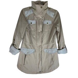 Guess Small Beige Trench Coat Tweed Trim Utilitarian Safari Jacket Casual Y2K